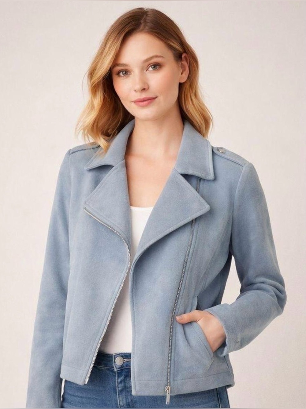 NWT Lauren Conrad Blazer, Sz. M, Dusty Blue, Soft Faux Suede Feel, Front Zipper